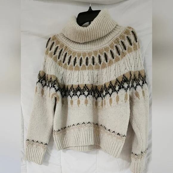 Old Navy Cozy Fair Isle Cable Knit Turtleneck Sweater Cream Neutral sz L - Picture 4 of 5